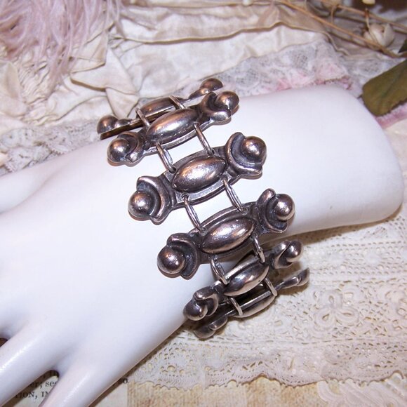 Made in Mexico Mexican Sterling Silver 1.5" Wide Link Bracelet - 7-3/4" Wearable - Picture 1 of 9